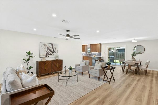 Dining room, Interior, Kitchen, Living room, Recessed Lighting, Wood Texture Flooring