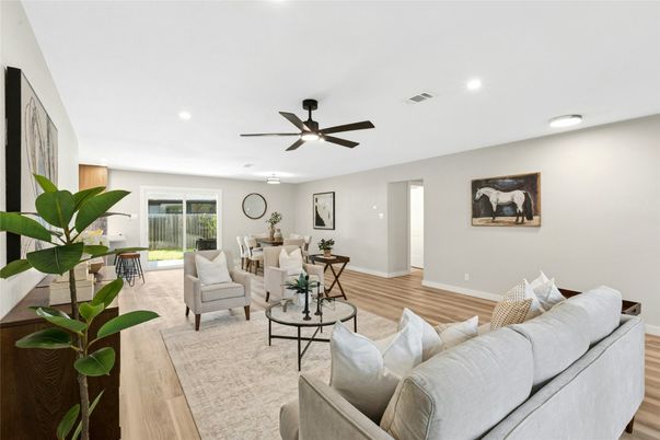Dining room, Interior, Living room, Recessed Lighting, Wood Texture Flooring