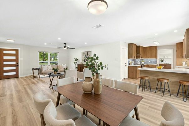 Dining room, Interior, Kitchen, Living room, Recessed Lighting, Wood Texture Flooring