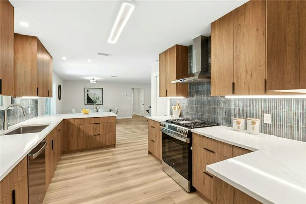 Interior, Kitchen, Recessed Lighting, Stainless Steel Appliances, Wood Texture Flooring
