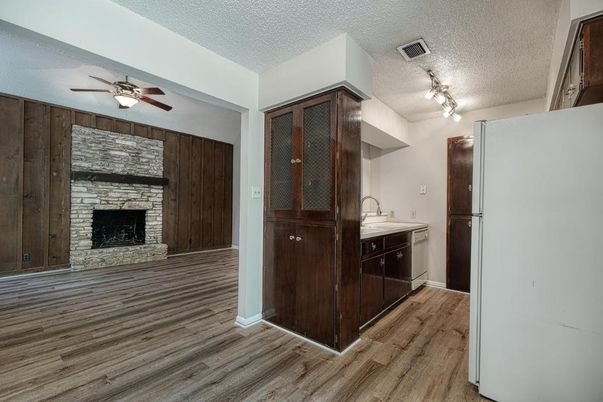 Fireplace, Interior, Kitchen, Wood Texture Flooring, Wooden Walls
