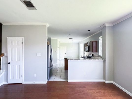 Interior, Kitchen, Pendant Lights, Stainless Steel Appliances, Wood Texture Flooring
