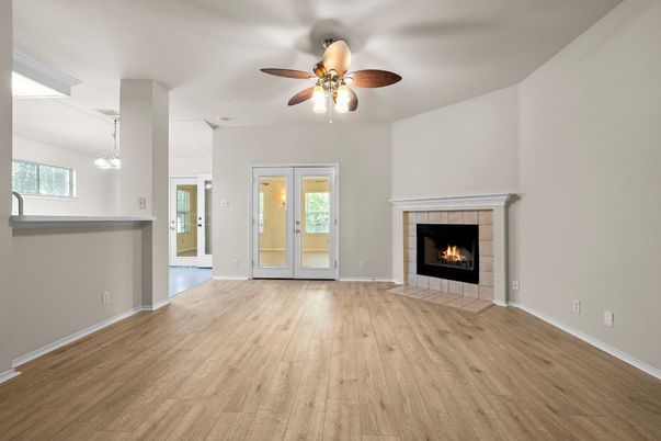 Empty room, Fireplace, Interior, Pendant Lights, Wood Texture Flooring