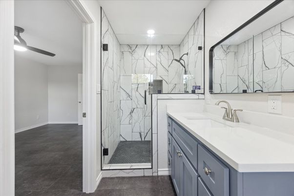 Bathroom, Glass Shower, Interior, Marble Walls, Recessed Lighting