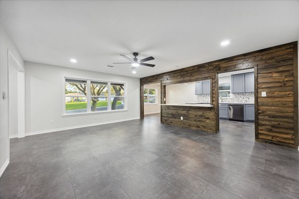 Empty room, Interior, Kitchen, Recessed Lighting, Wooden Walls