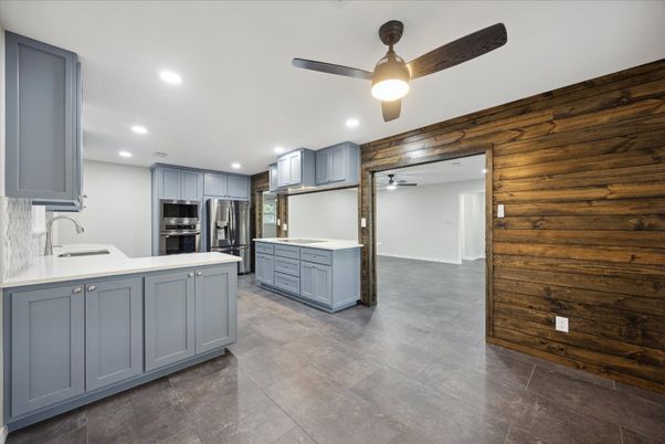 Interior, Kitchen, Recessed Lighting, Stainless Steel Appliances, Wooden Walls