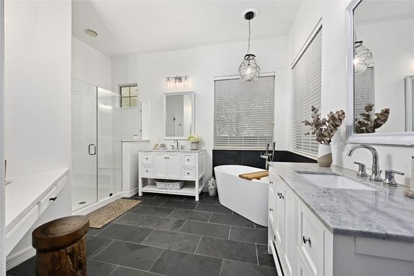 Bathroom, Dual Sink Vanities, Free Standing Baths, Glass Shower, Interior, Pendant Lights