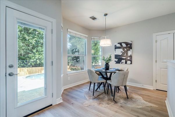Dining room, Interior, Pendant Lights, Wood Texture Flooring