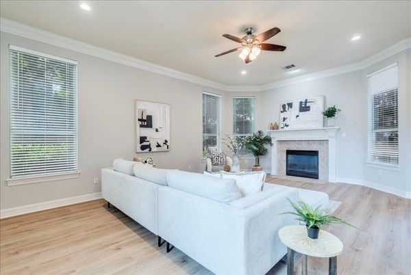 Fireplace, Interior, Living room, Recessed Lighting, Wood Texture Flooring