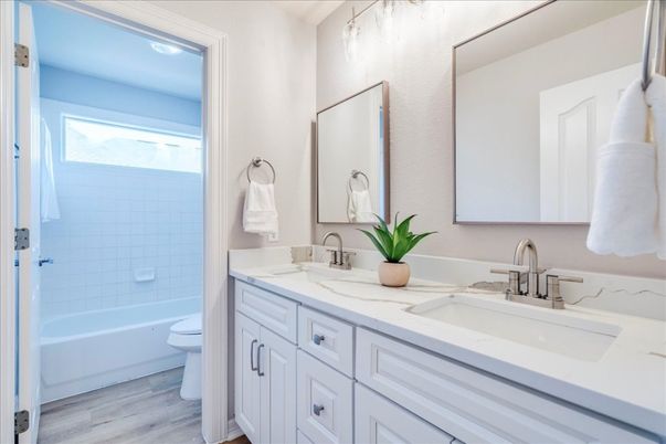 Bathroom, Dual Sink Vanities, Interior, Wood Texture Flooring