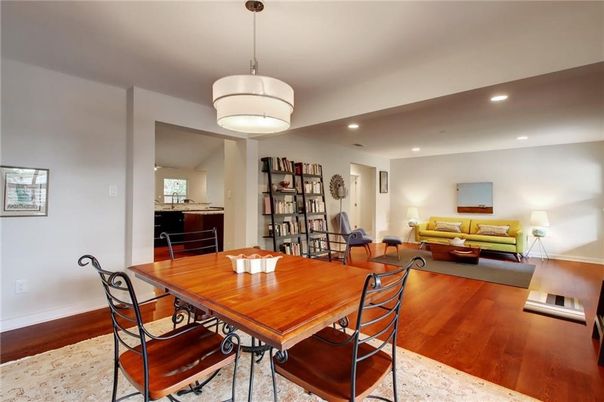 Dining room, Interior, Living room, Pendant Lights, Recessed Lighting, Wood Texture Flooring
