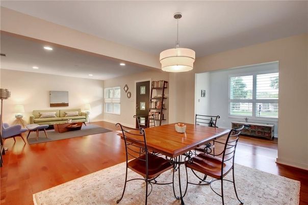 Dining room, Interior, Living room, Pendant Lights, Recessed Lighting, Wood Texture Flooring