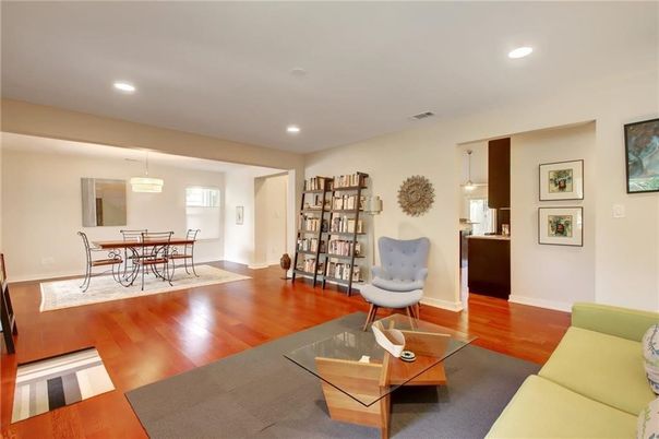 Dining room, Interior, Living room, Pendant Lights, Recessed Lighting, Wood Texture Flooring