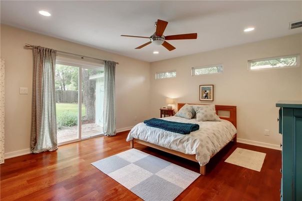 Bedroom, Interior, Recessed Lighting, Wood Texture Flooring