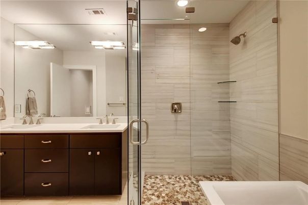 Bathroom, Dual Sink Vanities, Glass Shower, Interior, Recessed Lighting