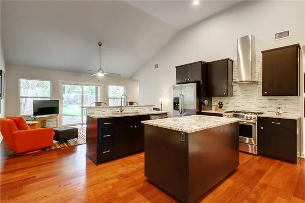 Interior, Kitchen, Recessed Lighting, Stainless Steel Appliances, Wood Texture Flooring
