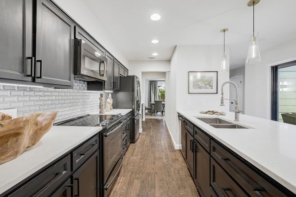 Interior, Kitchen, Pendant Lights, Recessed Lighting, Wood Texture Flooring