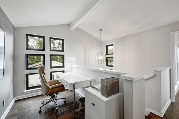 Home Office, Interior, Pendant Lights, Wood Texture Flooring