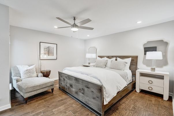 Bedroom, Interior, Recessed Lighting, Wood Texture Flooring