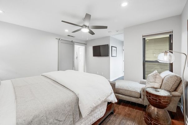 Bedroom, Interior, Recessed Lighting, Wood Texture Flooring