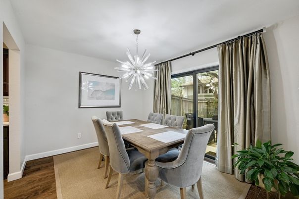 Dining room, Interior, Pendant Lights, Wood Texture Flooring