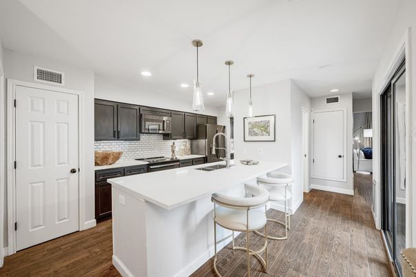 Interior, Kitchen, Pendant Lights, Recessed Lighting, Stainless Steel Appliances, Wood Texture Flooring