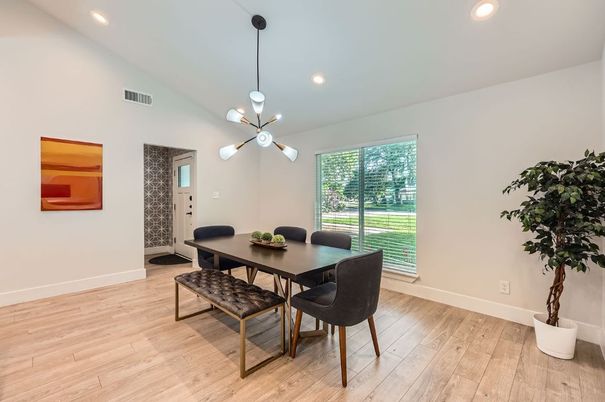 Dining room, Interior, Pendant Lights, Recessed Lighting, Wood Texture Flooring