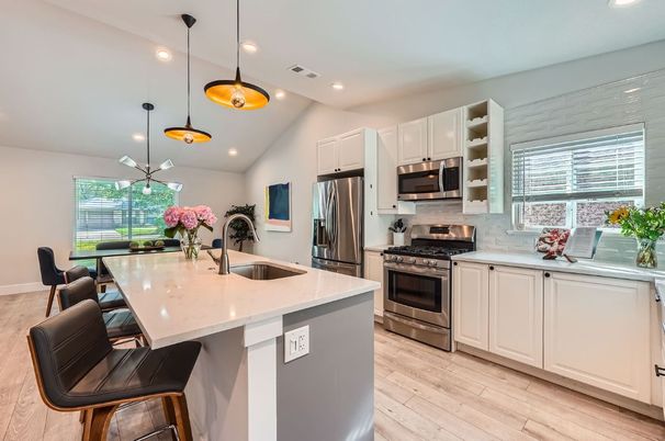 Interior, Kitchen, Pendant Lights, Recessed Lighting, Stainless Steel Appliances, Wood Texture Flooring
