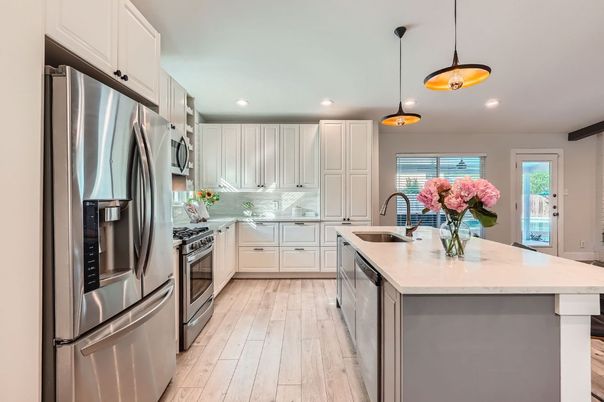 Interior, Kitchen, Pendant Lights, Recessed Lighting, Stainless Steel Appliances, Wood Texture Flooring