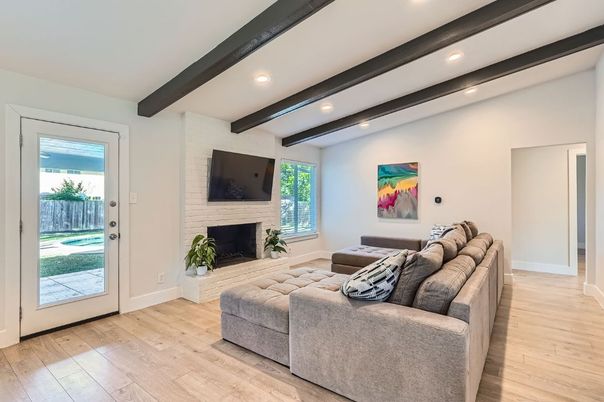 Fireplace, Interior, Living room, Recessed Lighting, Wooden Beams, Wood Texture Flooring