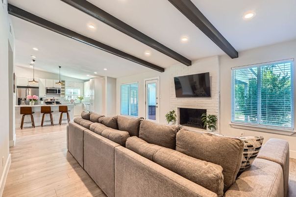 Fireplace, Interior, Kitchen, Living room, Pendant Lights, Recessed Lighting, Stone Walls, Wooden Beams, Wood Texture Flooring