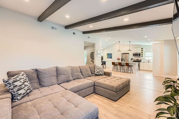 Interior, Kitchen, Living room, Pendant Lights, Recessed Lighting, Stainless Steel Appliances, Wooden Beams, Wood Texture Flooring