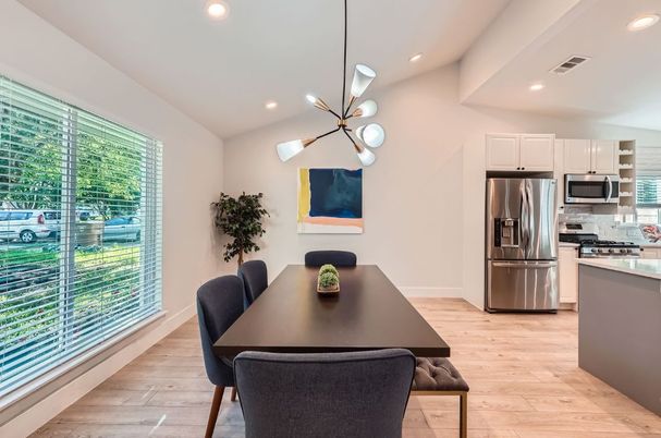 Dining room, Interior, Kitchen, Pendant Lights, Recessed Lighting, Stainless Steel Appliances, Wood Texture Flooring