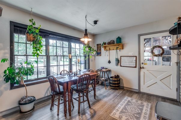Dining room, Interior, Pendant Lights, Wood Texture Flooring