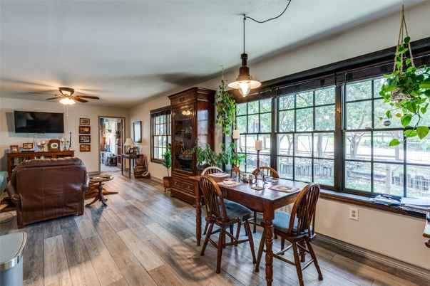 Dining room, Interior, Pendant Lights, Wood Texture Flooring