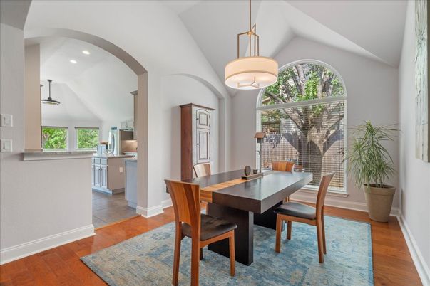 Dining room, Interior, Pendant Lights, Recessed Lighting, Wood Texture Flooring