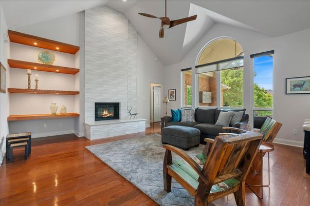 Fireplace, Interior, Living room, Recessed Lighting, Wood Texture Flooring