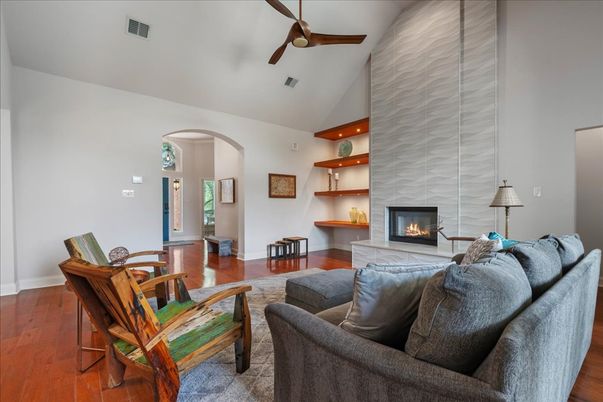 Fireplace, Interior, Living room, Recessed Lighting, Wood Texture Flooring