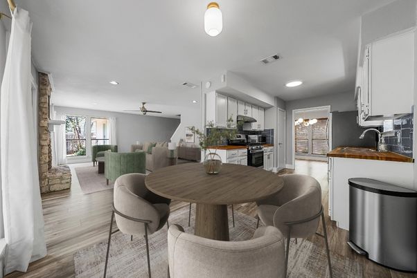 Dining room, Interior, Kitchen, Pendant Lights, Recessed Lighting, Stainless Steel Appliances, Wood Texture Flooring