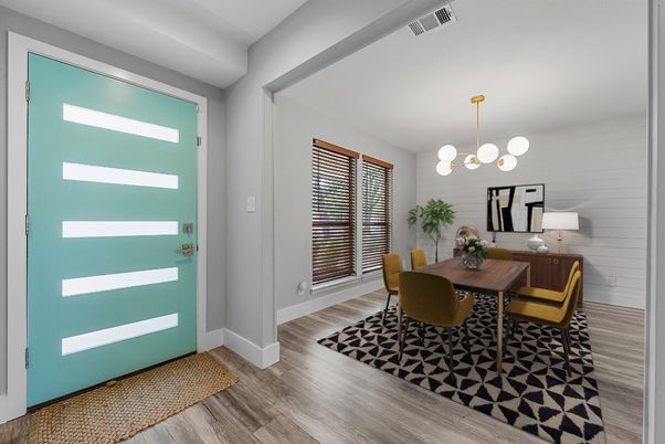 Dining room, Interior, Pendant Lights, Wood Texture Flooring