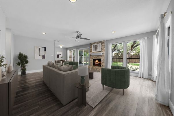 Fireplace, Interior, Living room, Recessed Lighting, Wood Texture Flooring