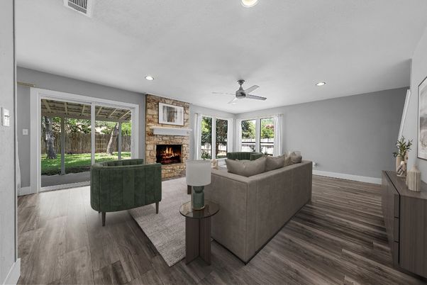 Fireplace, Interior, Living room, Recessed Lighting, Wood Texture Flooring