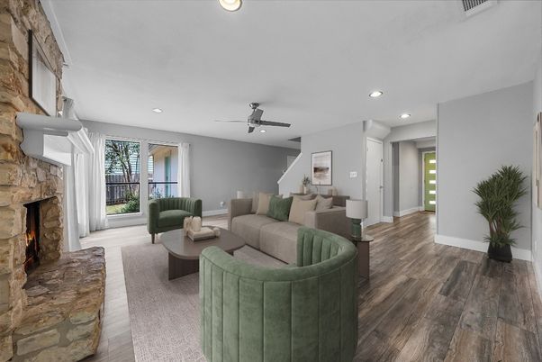 Fireplace, Interior, Living room, Recessed Lighting, Stone Walls, Wood Texture Flooring
