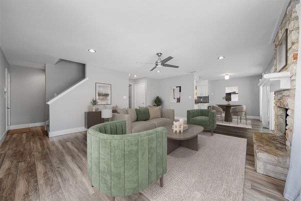 Dining room, Fireplace, Interior, Living room, Recessed Lighting, Wood Texture Flooring