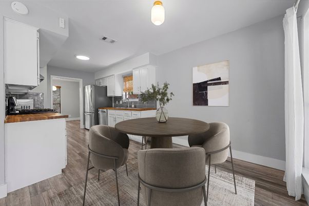 Dining room, Interior, Kitchen, Recessed Lighting, Wood Texture Flooring