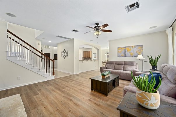 Interior, Living room, Recessed Lighting, Wood Texture Flooring