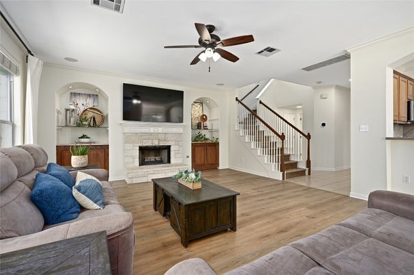 Fireplace, Interior, Living room, Recessed Lighting, Wood Texture Flooring