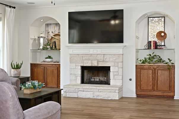 Fireplace, Interior, Recessed Lighting, Wood Texture Flooring