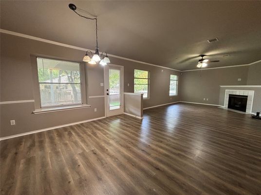 Empty room, Fireplace, Interior, Pendant Lights, Wood Texture Flooring