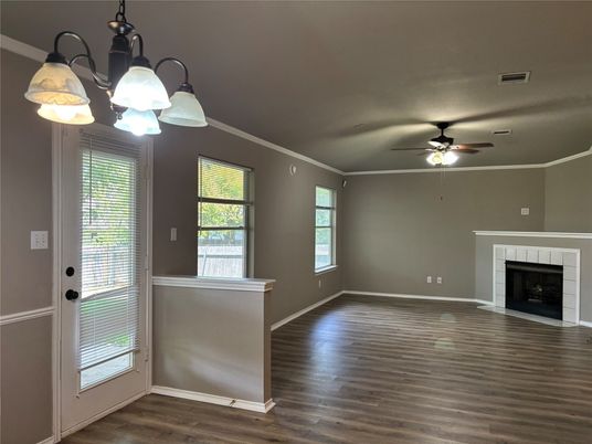 Chandelier, Empty room, Fireplace, Interior, Wood Texture Flooring
